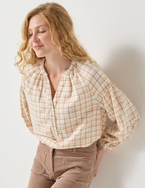 Blouse imprimée carreaux flanelle, manches 7/8 (écru / beige) Blouse imprimée carreaux flanelle, manches 7/8 (écru / beige)